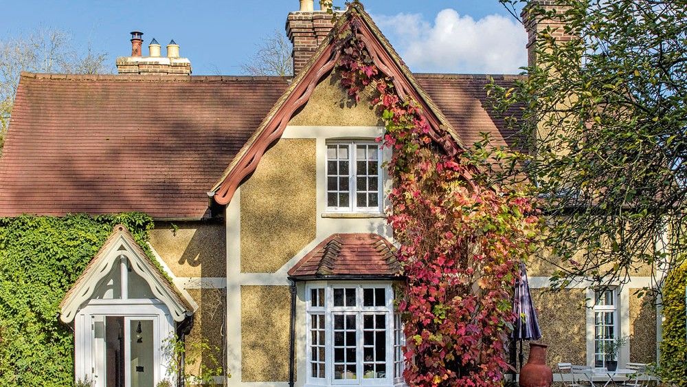 exterior of house with flowering foliage and sash window