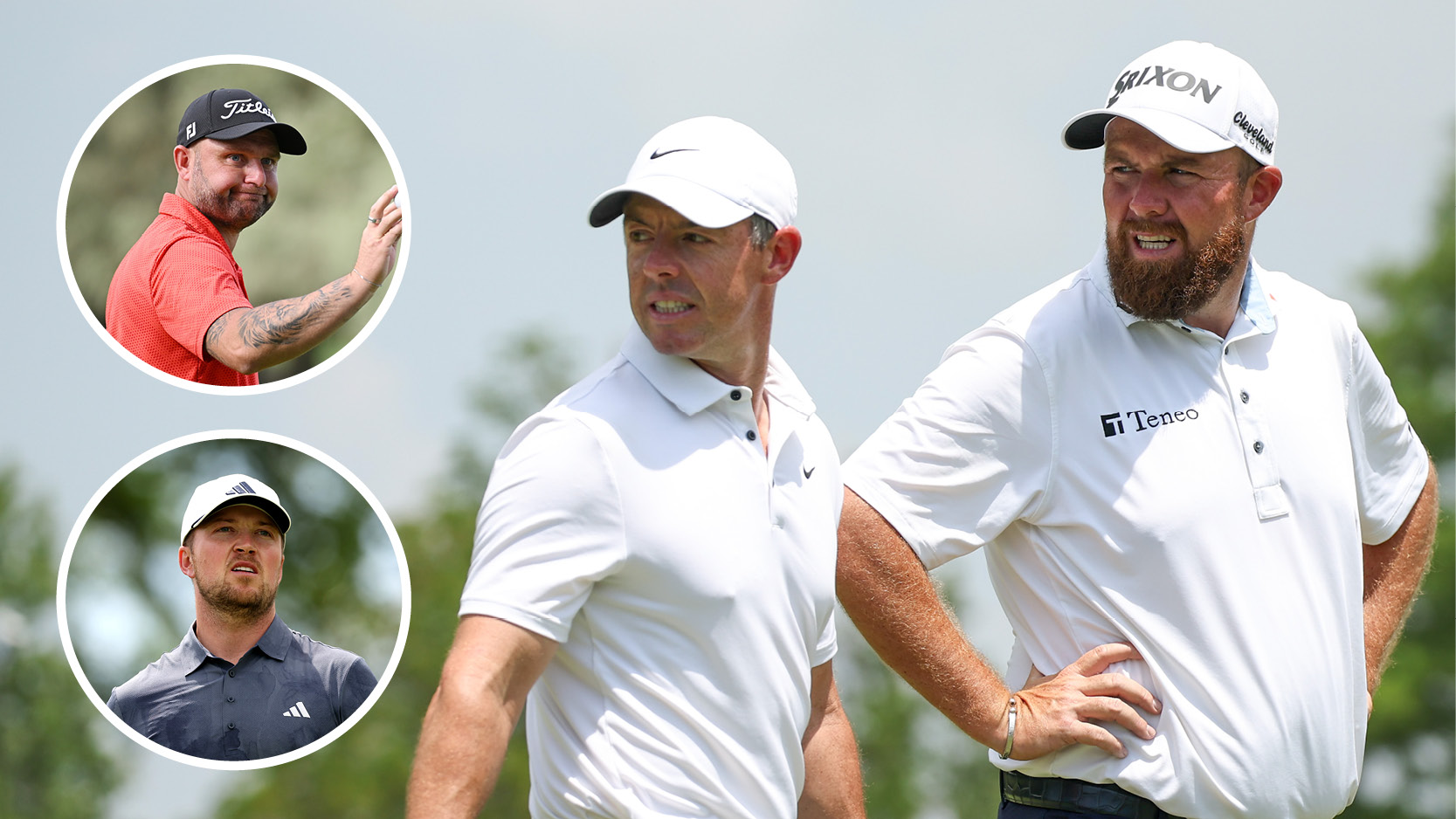 Main image of Rory McIlroy and Shane Lowry looking left at the 2025 Zurich Classic of New Orleans with inset images of Andy Sullivan (top left) and Richard Mansell (bottom left)