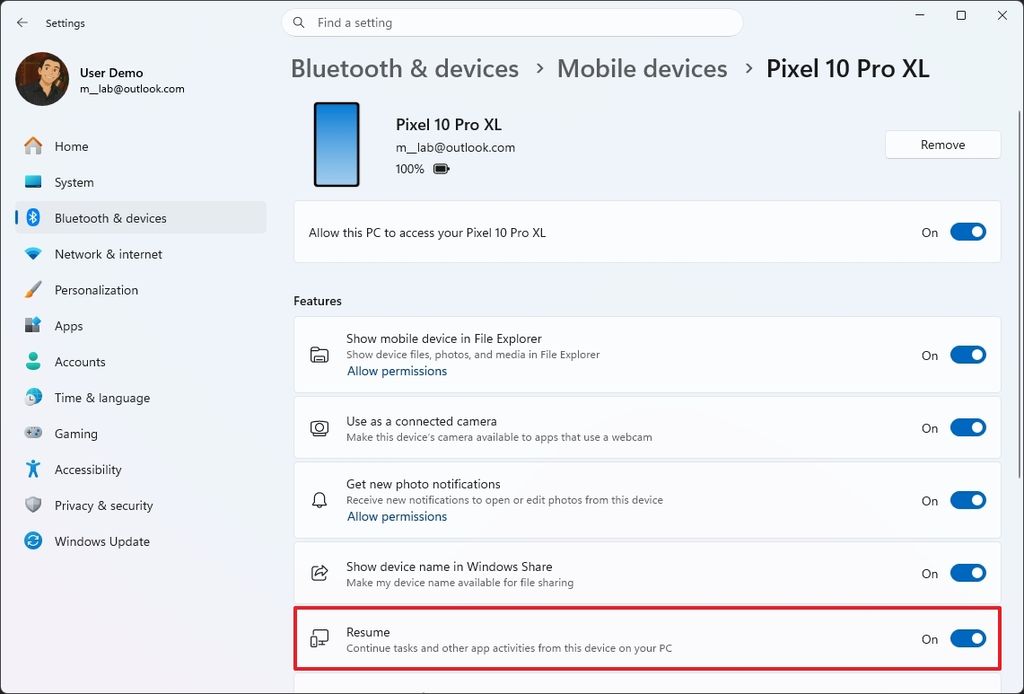 Windows 11 Resume phone option