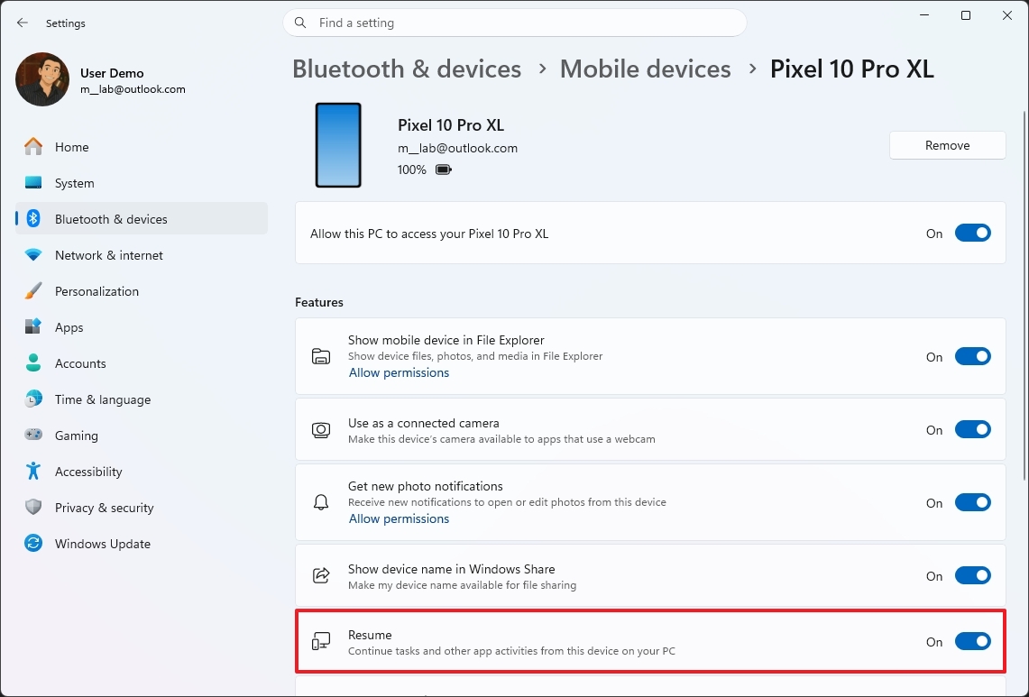 Windows 11 Resume phone option