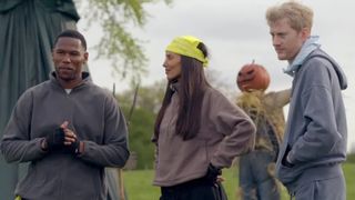 Traitors Kenny, Maya and James in the aftermath of the Field of Screams challenge in"The Celebrity Traitors" season 2