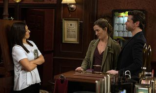 FROM ITV STRICT EMBARGO - No Use Before Tuesday 22 March 2016 Coronation Street - Ep 8870 Monday 28 March 2016 - 2nd Ep When Michelle Connor’s [KYM MARSH] wedding client Saskia [LEANDRA ASHTON] introduces her to her fiancé, Michelle’s taken aback to realise it’s Will [LEON OCKENDEN], her first ever boyfriend. Picture contact: david.crook@itv.com on 0161 952 6214 Photographer - Mark Bruce This photograph is (C) ITV Plc and can only be reproduced for editorial purposes directly in connection with the programme or event mentioned above, or ITV plc. Once made available by ITV plc Picture Desk, this photograph can be reproduced once only up until the transmission [TX] date and no reproduction fee will be charged. Any subsequent usage may incur a fee. This photograph must not be manipulated [excluding basic cropping] in a manner which alters the visual appearance of the person photographed deemed detrimental or inappropriate by ITV plc Picture Desk. This photograph must not be syndicated to any other company, publication or website, or permanently archived, without the express written permission of ITV Plc Picture Desk. Full Terms and conditions are available on the website www.itvpictur