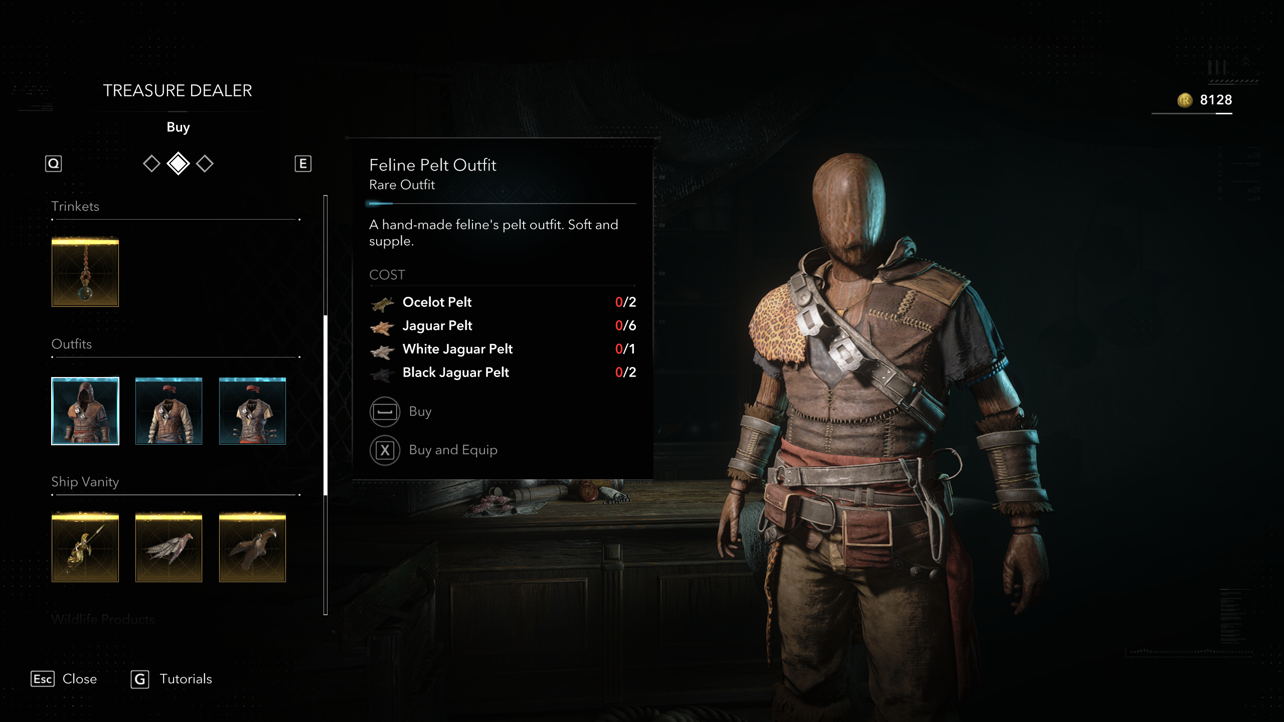 Black Flag outfits: The Feline Pelt Outfit viewed in the Treasure Dealer menu.