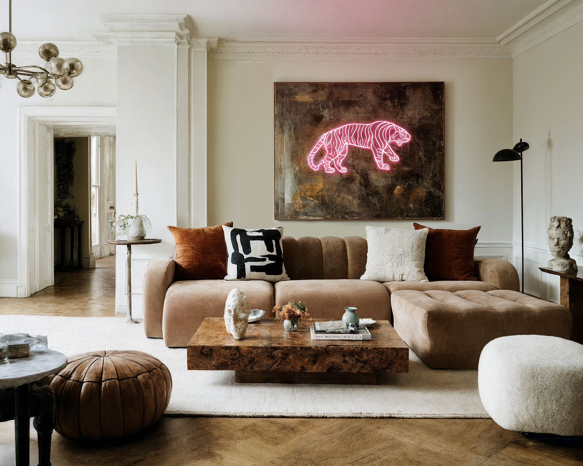 low slung brown sofa in a living room behind a burl coffee table