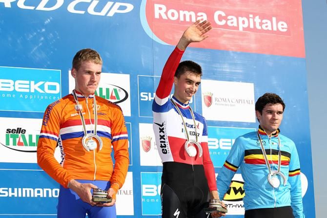 U23 men's podium at Rome 'cross World Cup (L-R): Mike Teunissen, 2nd; Julian Alaphilippe, 1st; Gianni Vermeersch, 3rd
