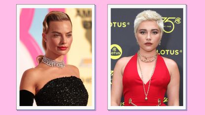 Margot Robbie and Florence Pugh pictured with blonde hair looks with a pink background