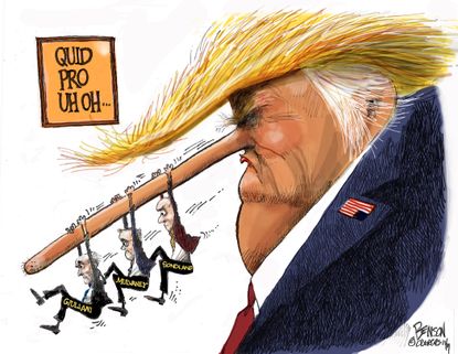 Political Cartoon U.S. Sondland Mulvaney Giuliani Trump Pinocchio Lies