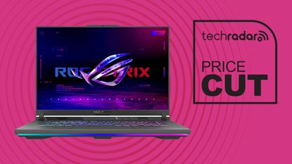 Asus ROG Strix G16 gaming laptop on pink background with TechRadar price cut sign