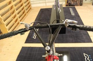 The original Marin mountain bike's cockpit, with friction shifters, looks a bit different from today's machines