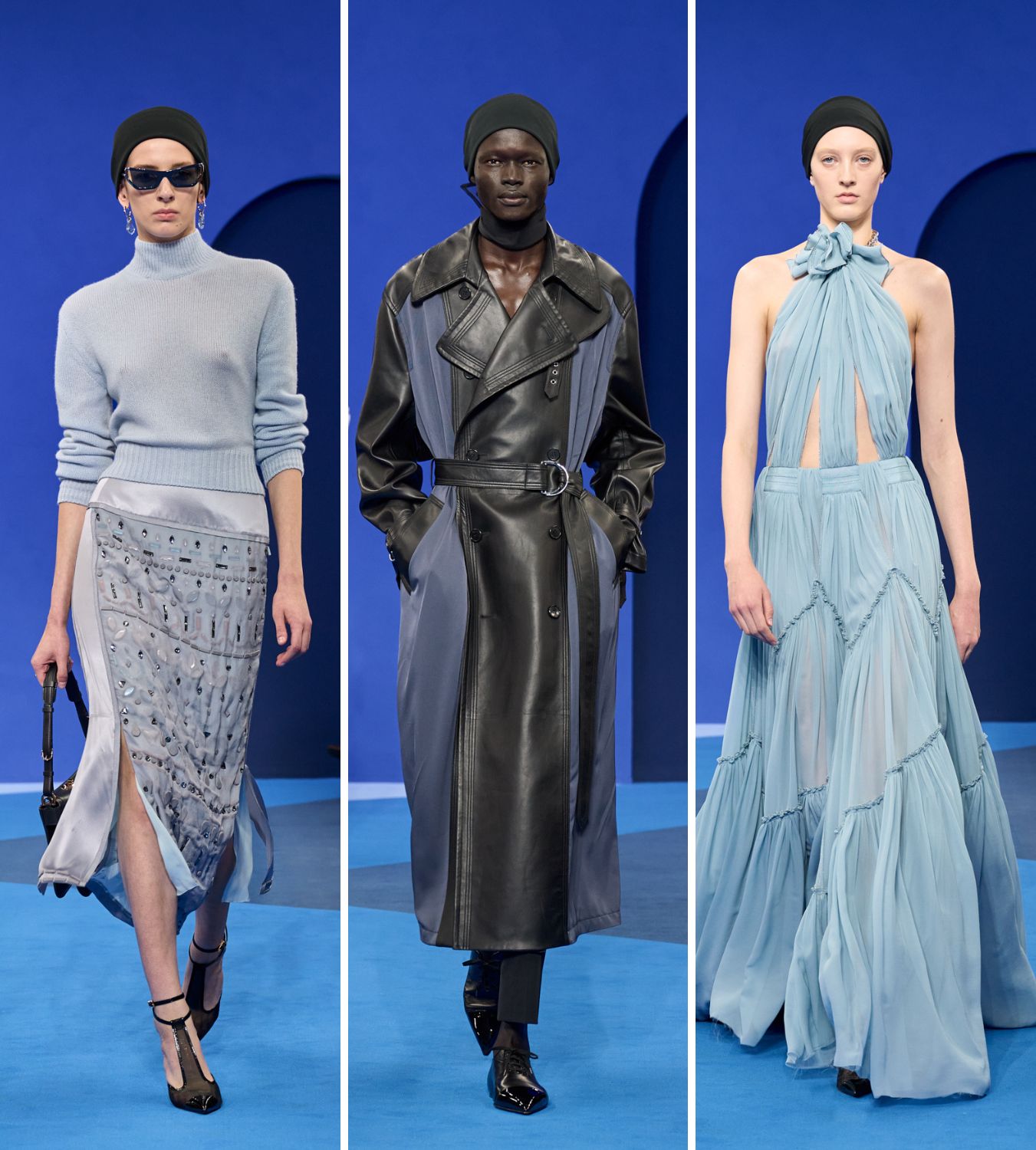 three models wearing blue on the lanvin ss26 runway