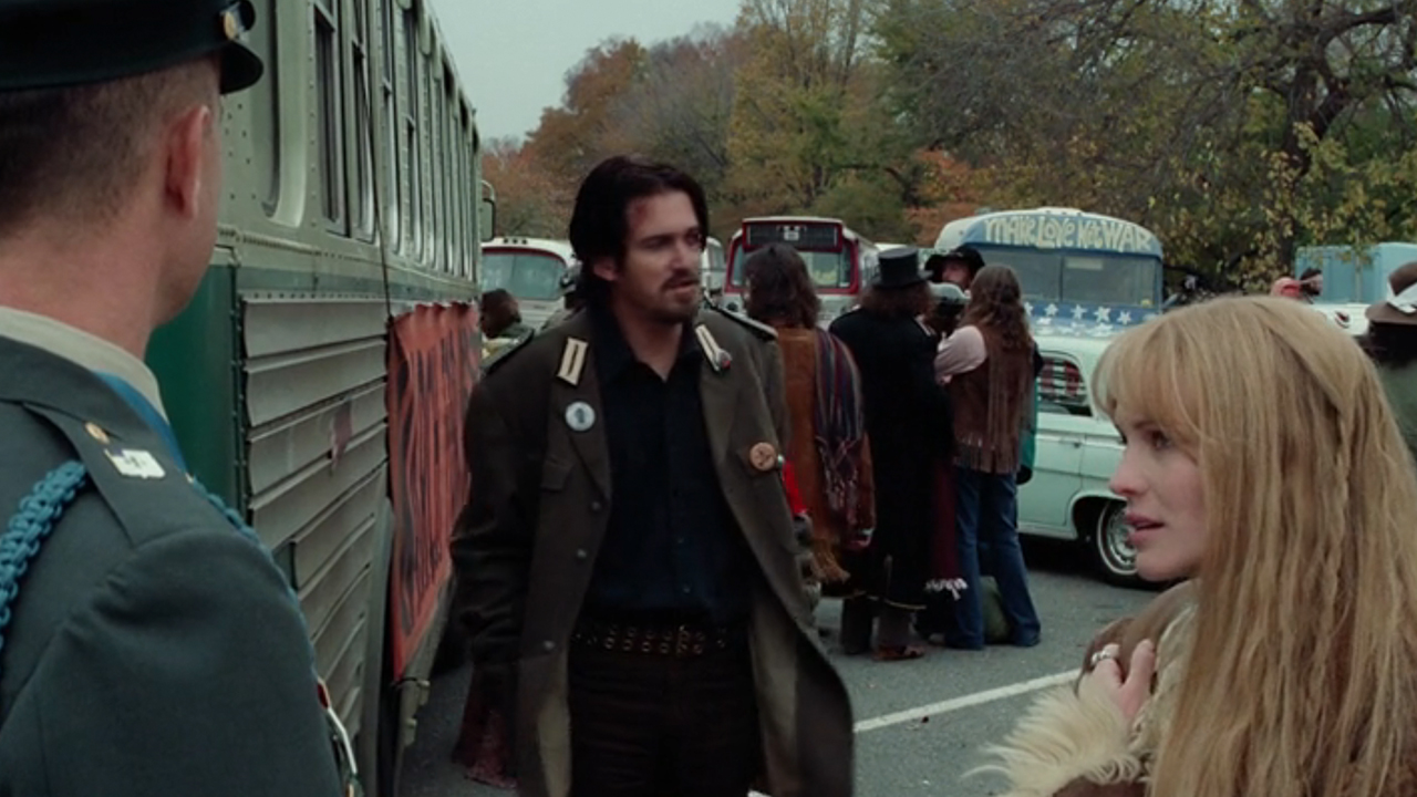 Tom Hanks on the left speaks to Robin Wright before she boards a bus in Forrest Gump