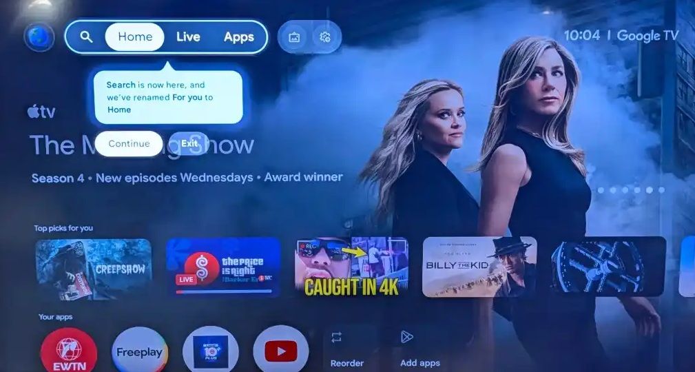 Google TV is supposedly testing a redesign that alters its navigational bar, including Search and changing "For You" to "Home."