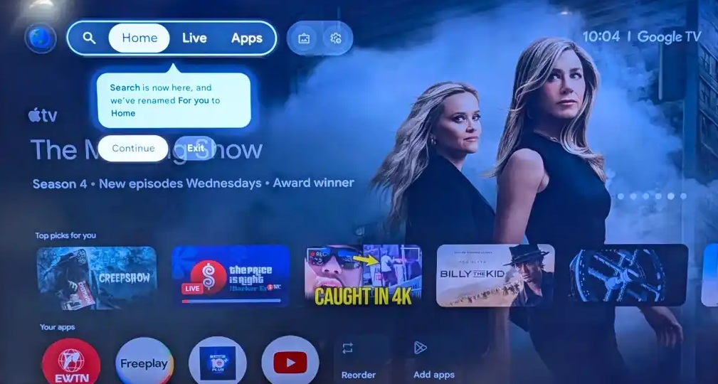 Google TV is supposedly testing a redesign that alters its navigational bar, including Search and changing "For You" to "Home."