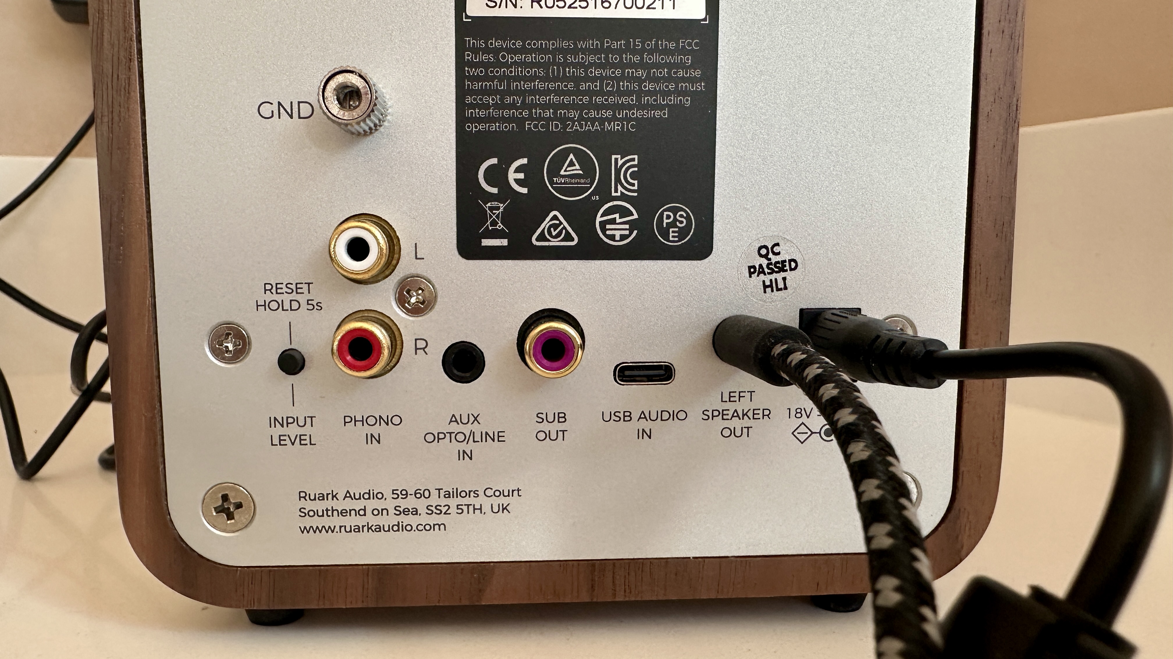 Rear panel of the Ruark MR1 Mk3 powered stereo speakers