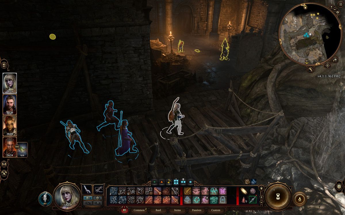 A group of explorers crossing a wooden bridge