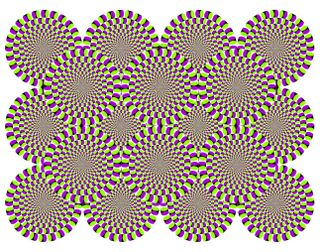 18 overlapping circles made up of green and purple forms that appear to be rotating