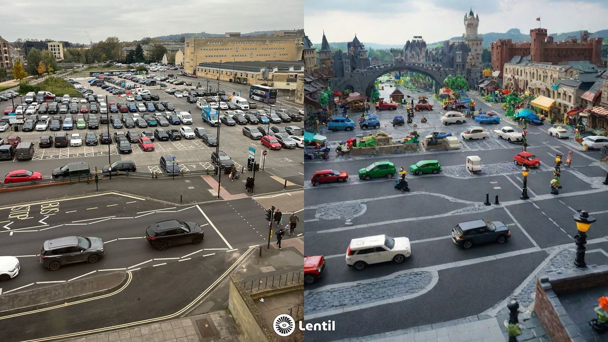 Original image (left) and Lentil AI: Photo Art Generator generated image (right) made to look like scene inspired by the Lego Movie