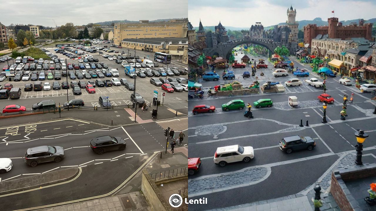 Original image (left) and Lentil AI: Photo Art Generator generated image (right) made to look like scene inspired by the Lego Movie