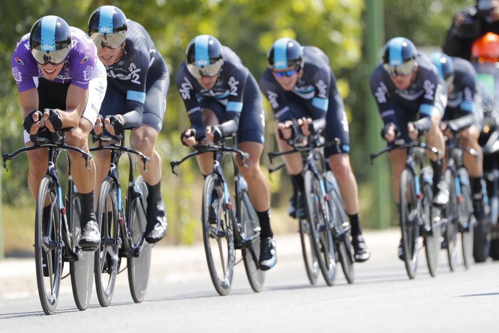 Race leader Danny van Poppel leads Team Sky during the TTT