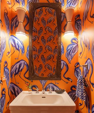 Jessica Blue Interiors powder room with orange flamingo wallpaper