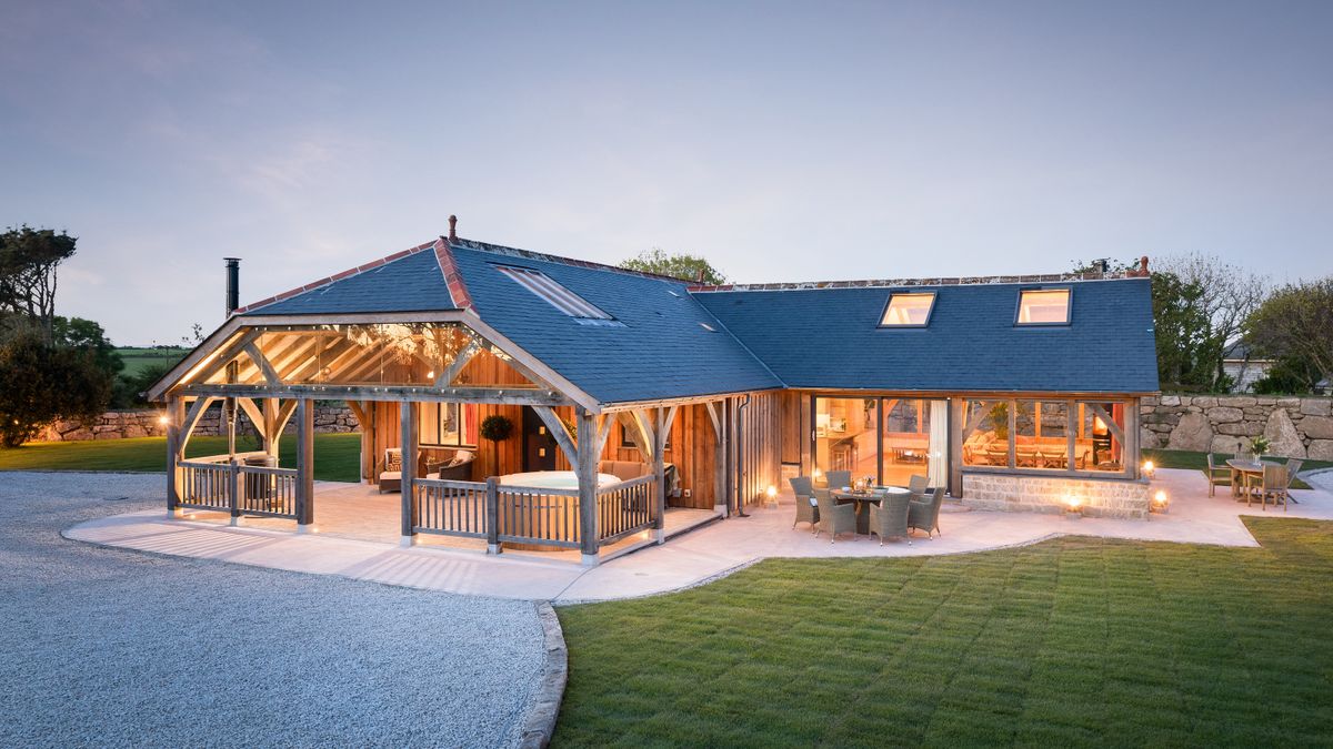 bungalow extension exterior with exposed oak frame