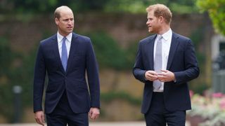 Prince William and Prince Harry walk side by side and talk at unveiling of a statue they commissioned of their mother Diana, Princess of Wales, in the Sunken Garden at Kensington Palace, on what would have been her 60th birthday on July 1, 2021 in London, England.