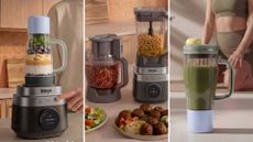 Three images of the Ninja CrushBOSS 3-in-1 Kitchen System being used to blend in a kitchen
