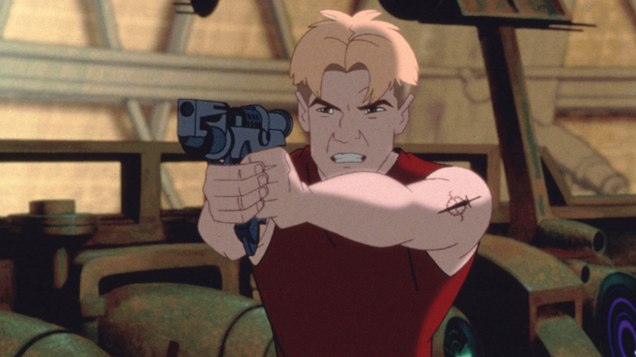 a blonde-haired animated character pointing a futuristic weapon