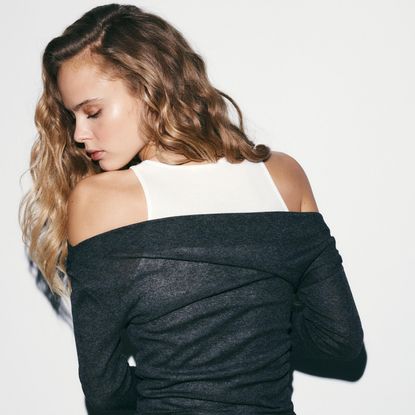 blonde Zara model wearing double layer long t-shirt