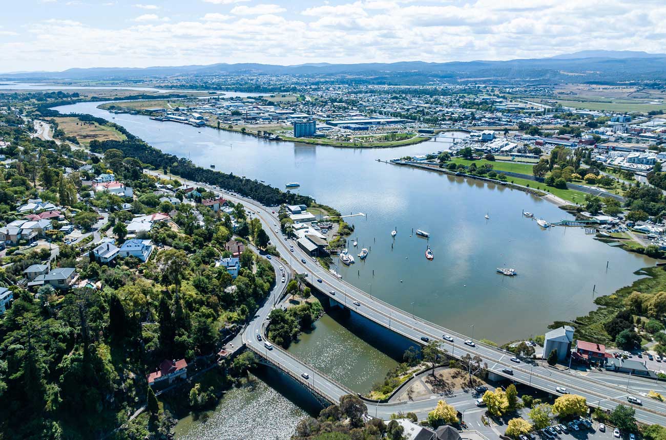 The start of the Tamar river at the confluence of the North (above right) and South (below left) Esk rivers in Launceston