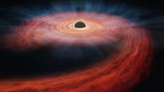 An illustration of a black hole leaving behind a trail of debris.