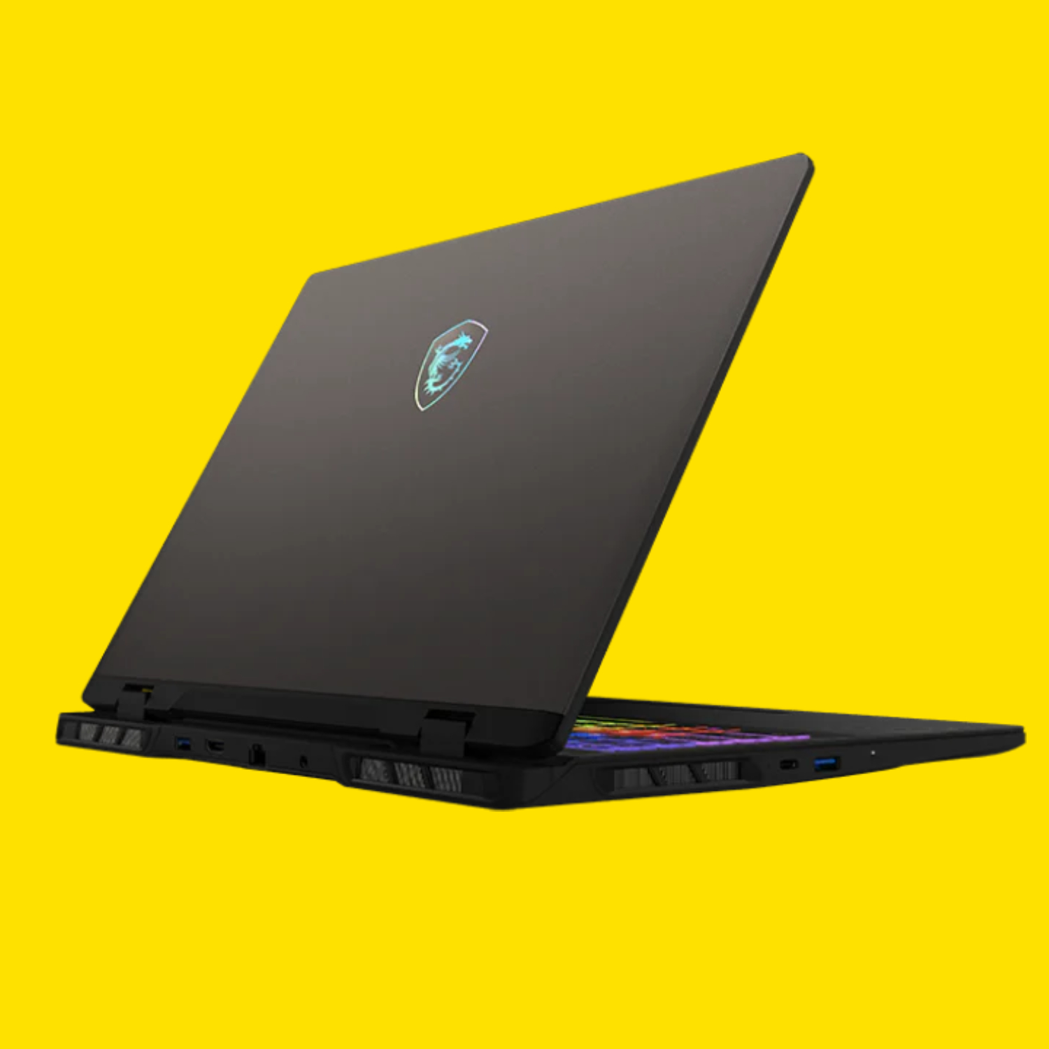 The MSI Crosshair 16 HX AI on a yellow background