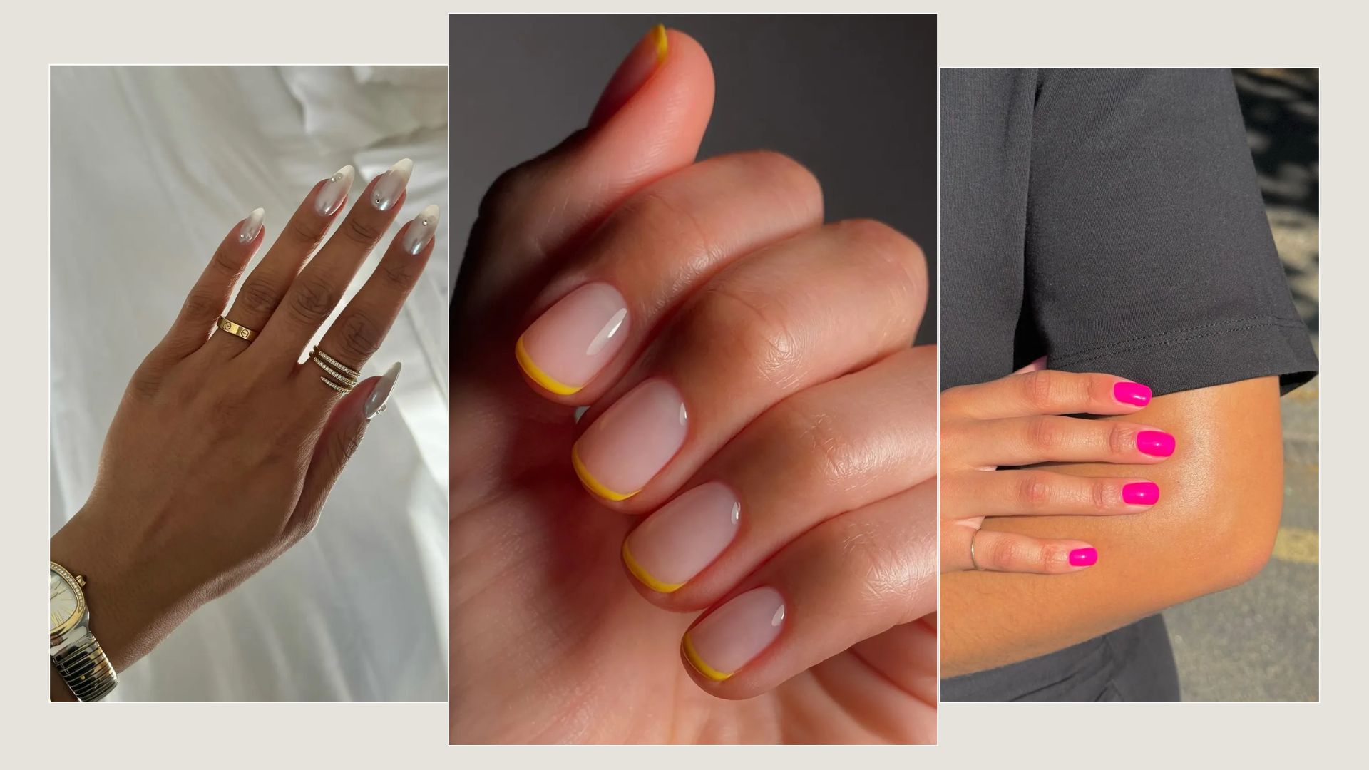 A collage of trending April nail colours, including pearl nails, yellow French tips and pink nails