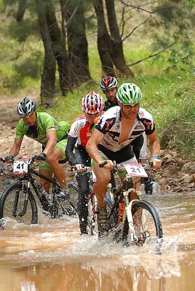 Ondrej Slezak (Bernard Rocky Trail Racing) leads this group as Michal Lanik tries to hang on