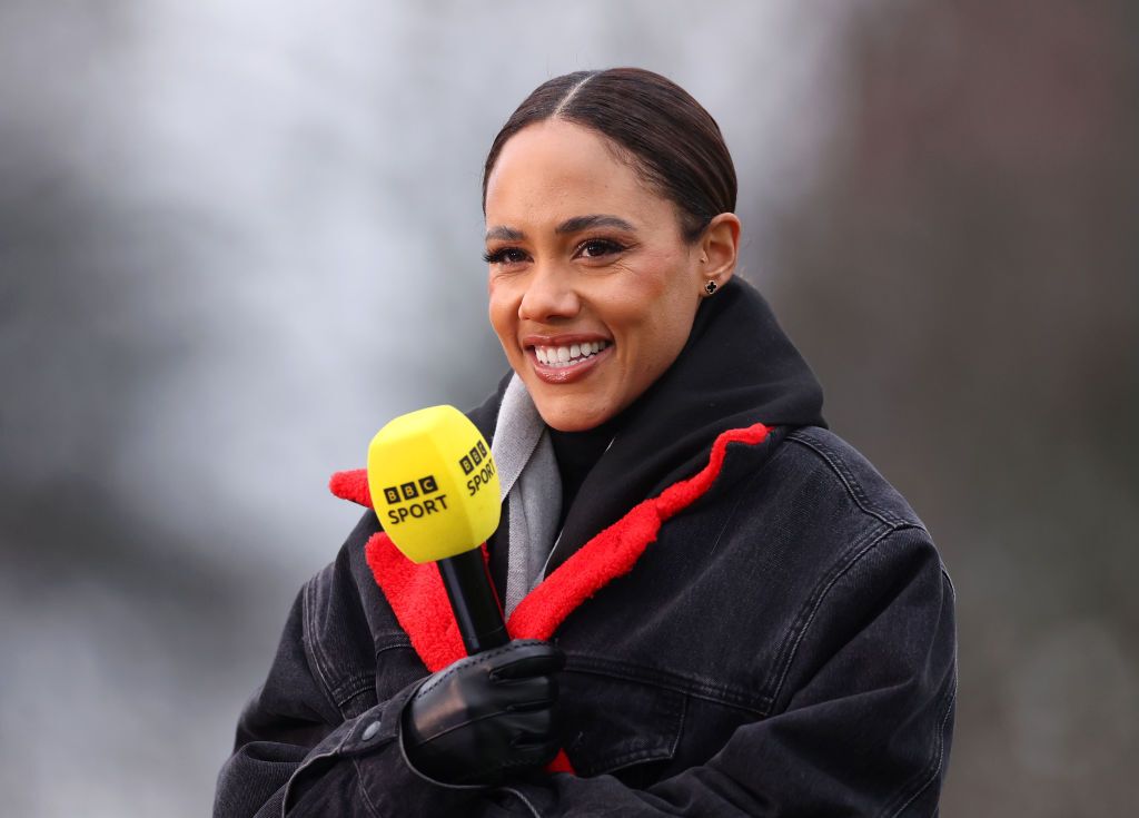 BBC Sport Presenter, Alex Scott, reacts prior to the Barclays Women&#039;s Super League match between Everton and Manchester City at Walton Hall Park on December 15, 2024 in Liverpool, England.