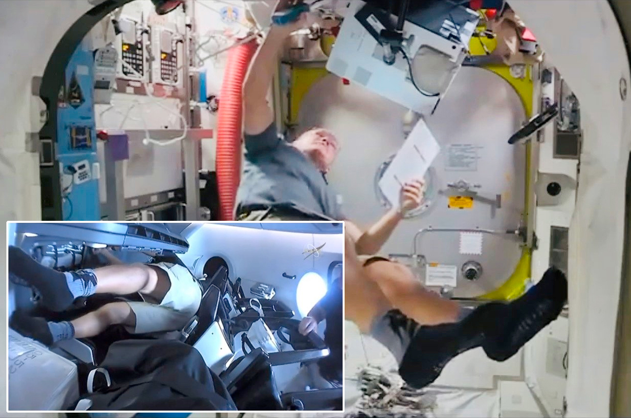 Video stills showing SpaceX Demo-2 commander Doug Hurley wearing Osom Brand's upcycled socks on the International Space Station and inside the SpaceX Crew Dragon "Endeavour" (inset) in 2020.