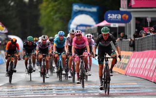 CAMIGLIATELLO SILANO ITALY OCTOBER 07 Sprint Arrival Patrick Konrad of Austria and Team Bora Hansgrohe Joao Almeida of Portugal and Team Deceuninck QuickStep Pink Leader Jersey Wilco Kelderman of The Netherlands and Team Sunweb Lucas Hamilton of Australia and Team Mitchelton Scott Jai Hindley of Australia and Team Sunweb Harm Vanhoucke of Belgium and Team Lotto Soudal White Best Young Jersey Pello Bilbao of Spain and Team Bahrain Mclaren Enrico Battaglin of Italy and Team Bahrain Mclaren during the 103rd Giro dItalia 2020 Stage 5 a 225km stage from Mileto to Camigliatello Silano 1275m girodiitalia Giro on October 07 2020 in Camigliatello Silano Italy Photo by Stuart FranklinGetty Images