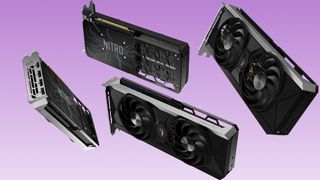 Four of Acer's Nitro Arc B-Series graphics cards float in a lilac-gradient void. We see the exposed fan blades and the snazzy, embossed 'Nitro' logo catching the light.