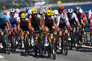 NYBORG DENMARK JULY 02 Christophe Laporte of France and Tiesj Benoot of Belgium and Team Jumbo Visma compete during the 109th Tour de France 2022 Stage 2 a 2022km stage from Roskilde to Nyborg TDF2022 WorldTour on July 02 2022 in Nyborg Denmark Photo by Tim de WaeleGetty Images