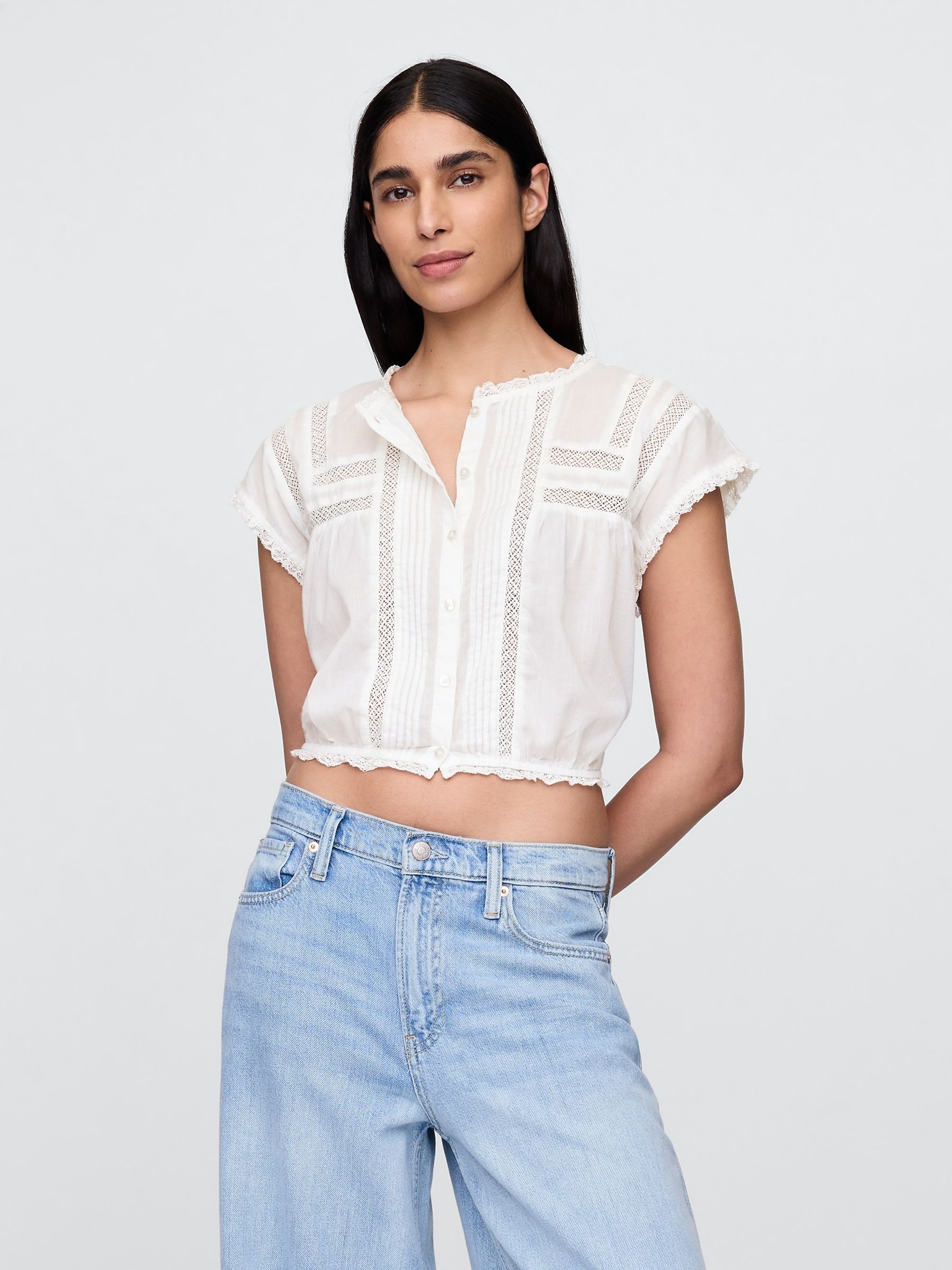 White Cropped Ruffle Pintuck Top