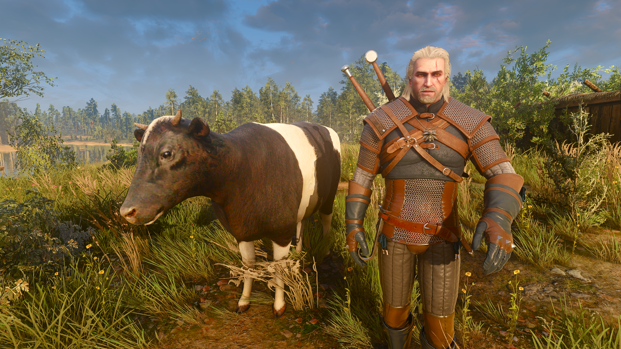 Geralt next to a cow.