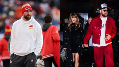 Travis Kelce wearing a white hoodie and red Chiefs hat next to a photo of Travis Kelce wearing a red jacket and pants holding hands with Taylor Swift wearing a black coat and dress