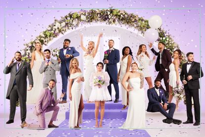 The Married at First Sight UK 2023 cast in front of a wedding arch