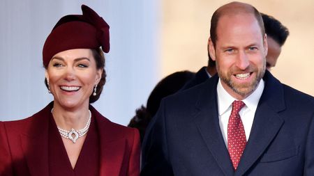 Catherine, Princess of Wales and Prince William, Prince of Wales smile as they attend the Ceremonial Welcome, at Horse Guards Parade, for the The Amir of the State of Qatar