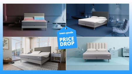 A collage of four images of Sleep Number smart mattresses in blue bedrooms including the Climate360 smart bed, i8 smart bed, iLE smart bed and c2 smart bed, with Tom's Guide price drop logo in the middle 