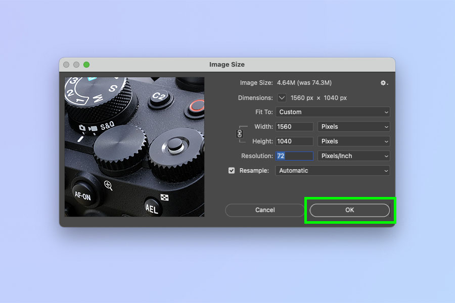 Скриншот, показывающий, как изменить размер изображения в Adobe Photoshop.