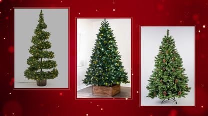 A selection of some of the best Black Friday Christmas tree deals in 2023, on a sparkly and star-filled red background.