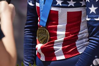 Lauren Stephens (TIBCO-Silicon Valley Bank) wears the gold medal from the women's elite race at the USA Cycling Pro Road Championships 2021