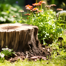 a tree stump with plants and flowers