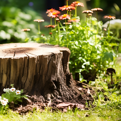 a tree stump with plants and flowers